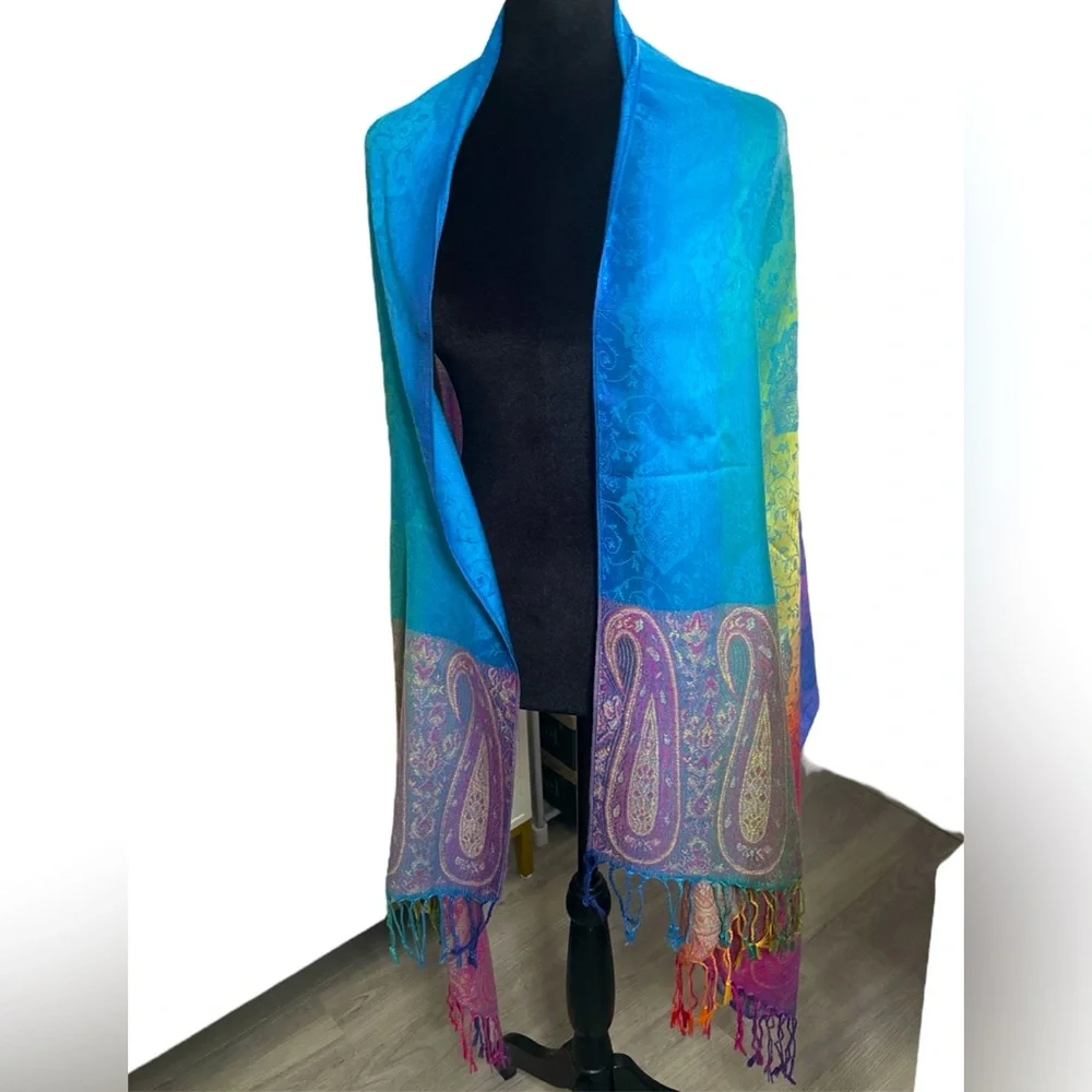 π PASHPASHMINA 100% Cashmere Scarf β 68β x 27β β Multicolor Paisley - Picture 1 of 8